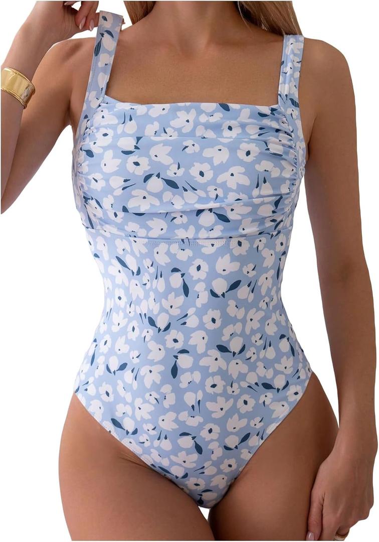 Floerns Women's Floral Print Square Neck Ruched Bust One Piece Monokini Swimsuit (Light Blue), Medium