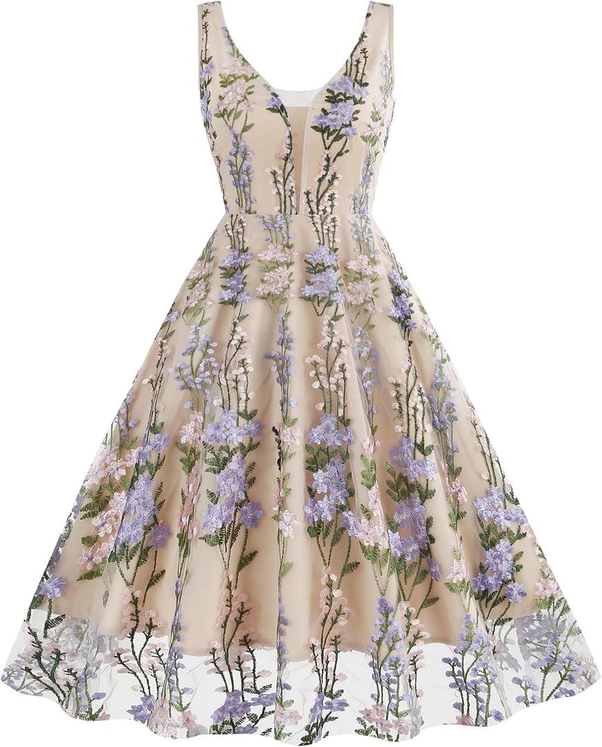 Women Keyhole Floral Embroidery Dress Sheer Mesh Illusion Vintage Cocktail Swing Dress Wedding Party Prom Tulle Evening Dress (X-Large, Apricot+purple)