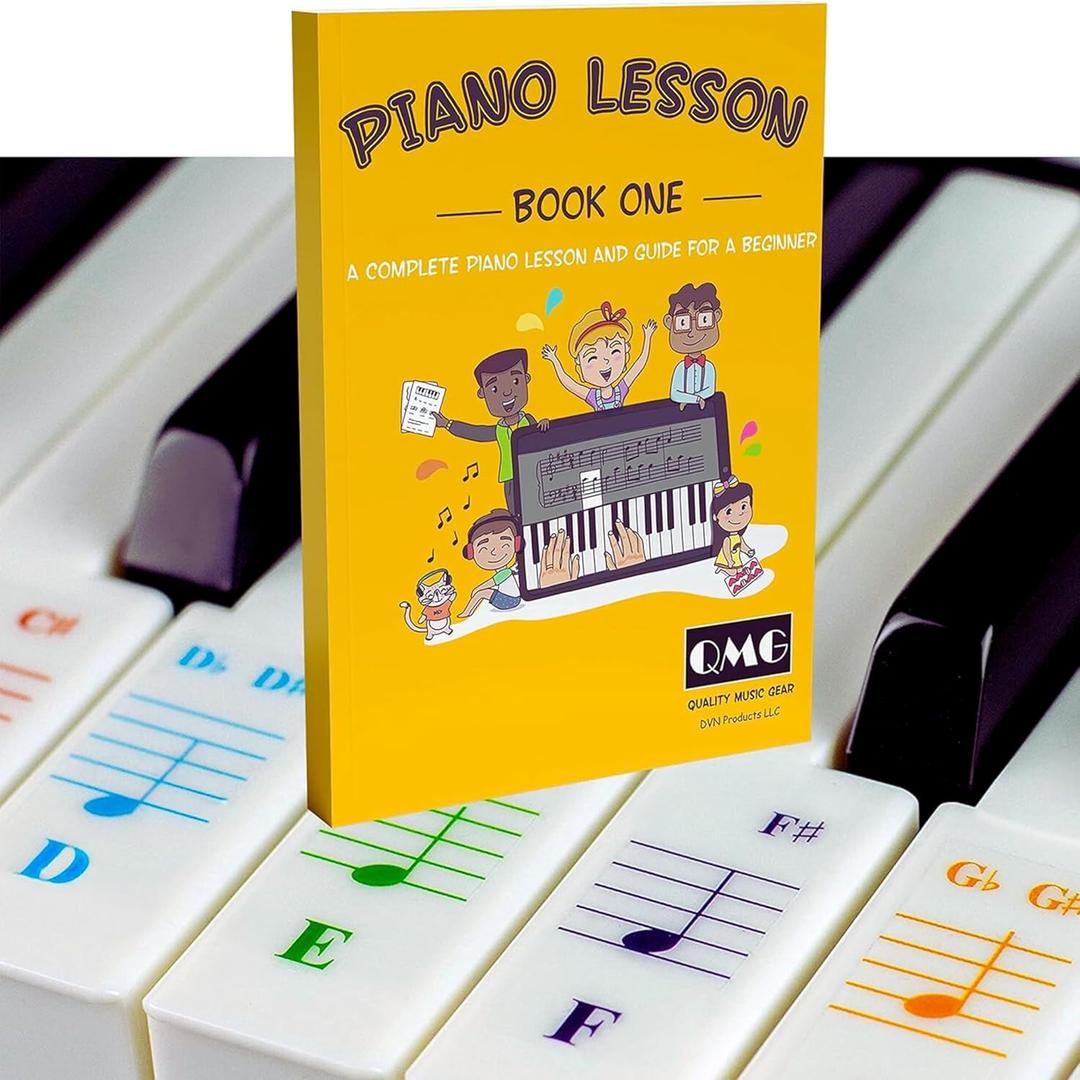 QMG Color Piano and Keyboard Stickers and Complete Color Note Piano Music Lesson and Guide Book for Kids and Beginners; Designed and Printed in USA