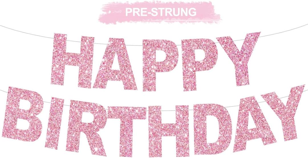 BEISHIDA Happy Birthday Banner - Pre-Strung No DIY Birthday Decorations - Happy Birthday Sign - Birthday Banner for Women, Kids - Backdrop Pink