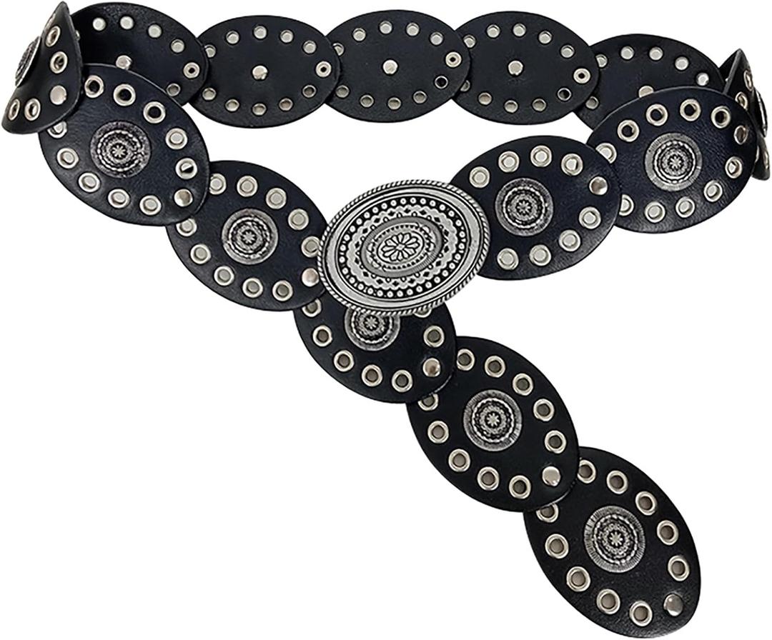 INOGIH Womens Wide Western Cowboy Disc Belt Vintage Cowgirl Concho Leather Belts Boho Style for Jeans Dress Skirt (For Waist 28-38 in, Black)