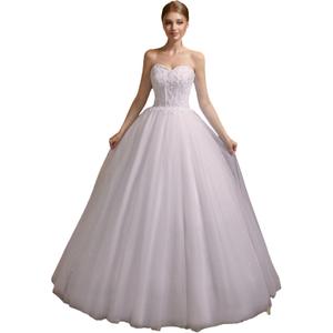 Women's Sweetheart Applique Beaded Corset Bridal Shiny Tull Wedding Dresses for Bride (6, White)