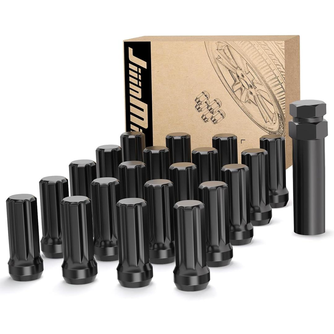 JiiinMiiin 20PCS 1/2x20 Lug Nuts Black with 7 Spline Tuner, 1/2"-20 Locking Lugnuts 2 inch Length with 1 Socket Key, 60 Degree Conical/Cone Bulge Seat Closed End