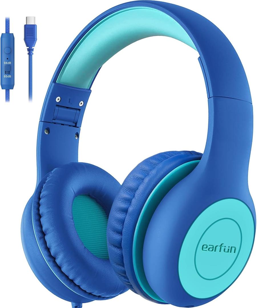 EarFun Kids Headphones Wired with Microphone, USB Type C Headphones for Kids, 85/94dB Volume Limit, Portable Wired Headphone with Shareport, Stereo Sound Foldable Headset for School/Tablet/PC, Blue