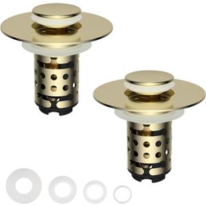 Universal Bathroom Sink Stopper Hair Catcher Upgraded with 2-Layer Detachable Filter Basket, 4 in 1 Pop Up Drain Strainer, Anti-Clog, Odor-Block, Fit for 1.1''~2.36'' Sinks, 2PCS, Brushed Gold
