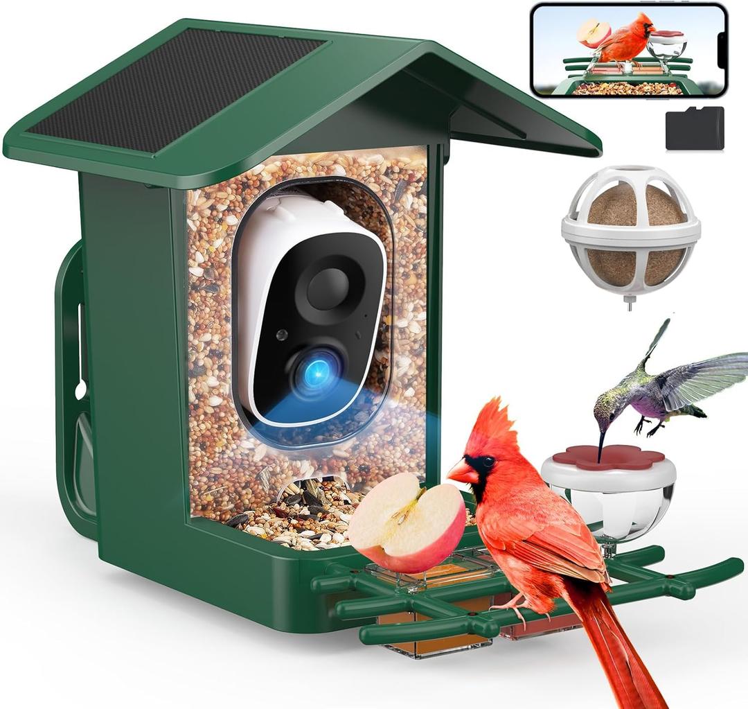 PeckCam Bird Feeder with Camera Solar Powered, AI Identify & Auto Capture with 32GB Card, 2K HD Live Video Smart Bird Feeder Camera Instant Notifications in Backyard, Gift for Bird Lovers (Green)