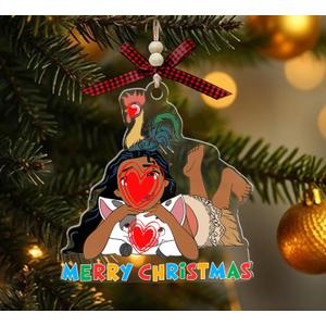 Island Girl with Pig and Rooster Cartoon Christmas Acrylic Ornament, Holiday Decoration, Moana-Style Cartoon Gift for Kids, Boys, Girls, Fans (with Red Bow & Wooden Beads)
