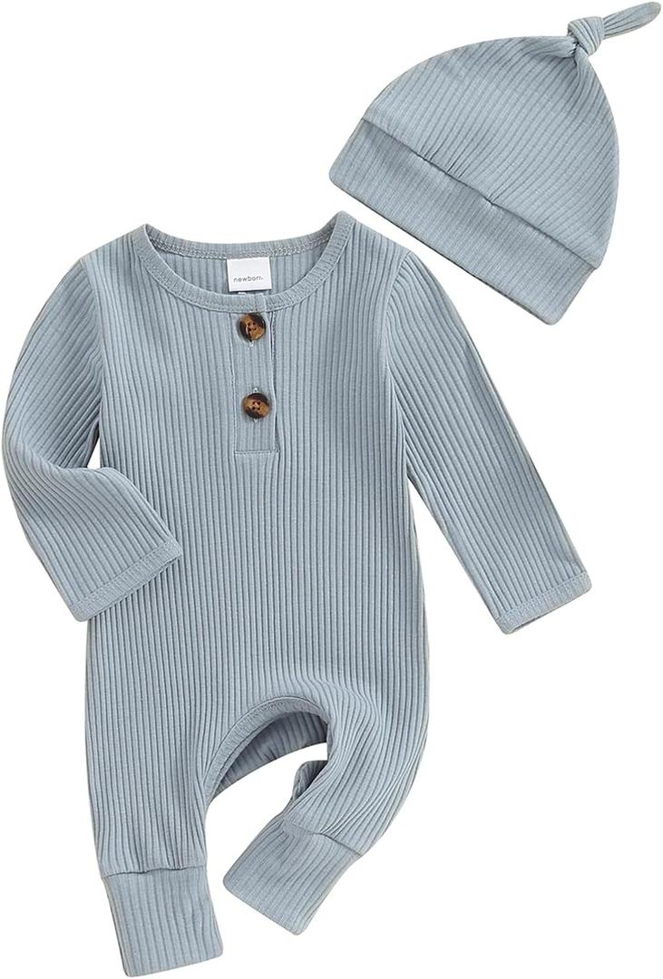 Infant Boys Girls Clothes Set Newborn Baby Romper Hat Ribbed Knit Long Sleeve Button Solid Bodysuit Jumpsuit, 0-6M