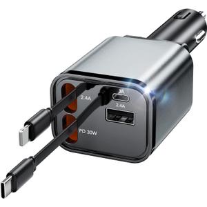 Upgraded Retractable Car Charger Adapter,4 in 1 Fast Charging Car Phone Charger,69W USB C Car Truck Accessories,Road Trip Essentials Gift for Men Women for iPhone 16/15/14/13/12/11,Galaxy,Pixel