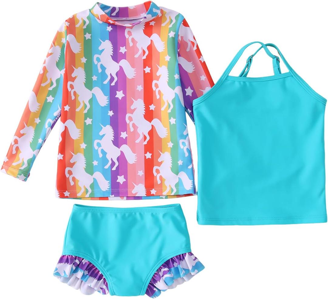 Toddler Baby Girls 3-Piece Rashguard Sets Swimwear Bathing Suit Long Sleeve Swimsuit Sunsuit Swim Shirt UPF 50+ (6-12 Months, Colorful-unicorn)