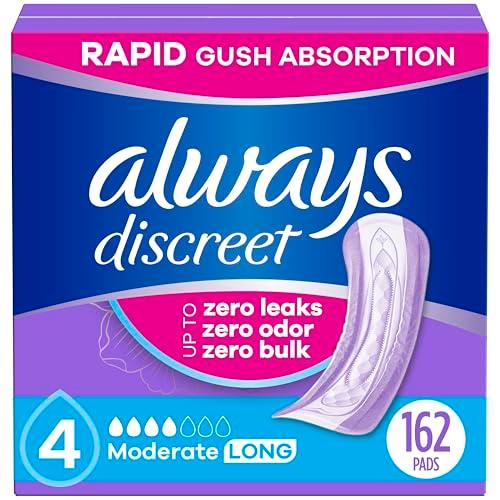 Always Discreet Adult Incontinence Pads for Women, Moderate Absorbency, Long Length, Postpartum Pads, 162 Count (3 Packs of 54)