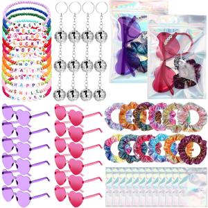 Geiserailie 60 Pcs Kpop Party Favors Popular Singer Supplies Friendship Bracelets Disco Keychain Sunglasses Holographic Scrunchie Set Bags 12 Set Friendship Gifts for Kpop Fans Women(Multicolored)