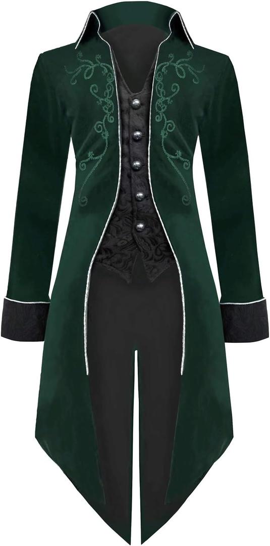 Medieval Steampunk Tailcoat Halloween Costumes for Men, Renaissance Pirate Vampire Gothic Jackets Vintage Warlock Frock Coat (XX-Large, Green)