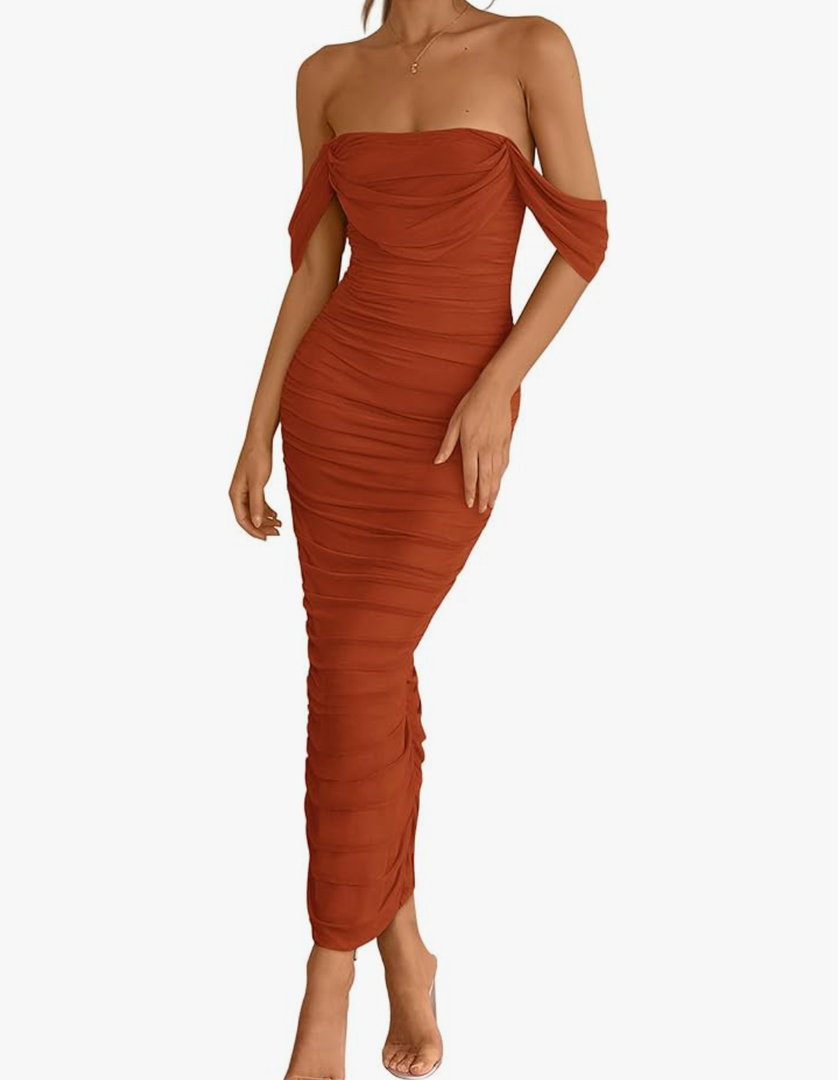 PRETTYGARDEN Womens 2026 Summer Off The Shoulder Dress Ruched Bodycon Sleeveless Split Cocktail Party Maxi Dresses, S