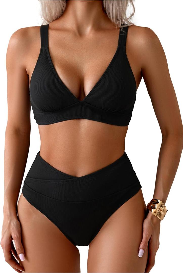 Sexy Ribbed Bikini Set 2 Piece Womens High Waisted V-Cut Cheeky High Leg Tummy Control Longline Swimsuit (Medium, Black)