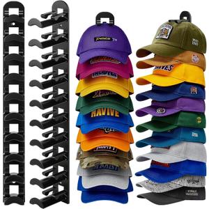 2 Pack Hat Organizer for Baseball Caps, Hat Rack for Wall Hold Up to 20 Hats, Hat Holder with Strong Adhesive and Screws, Hat Organizer Wall Mounted Hat Hanger Display for Door Closet Bedroom(B-Black)