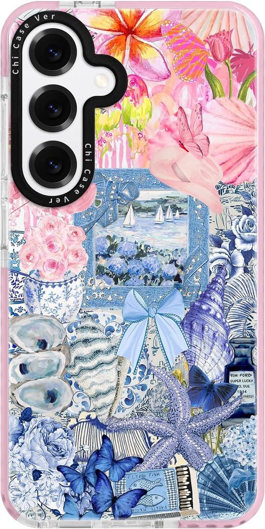 for Samsung Galaxy S23+ Case, Coastal Vintage Collage Pattern with Flowers & Shells, Military-Grade Drop Protection, Vintage Seaside Soft Slim TPU Cover with Camera Protection for Girls (Sunflower1)