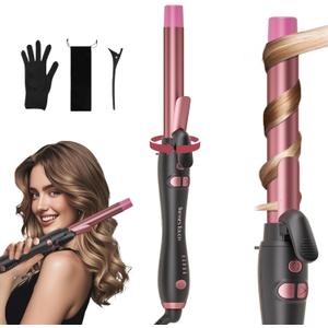 Extra-Long Barrel Rotating Curling Iron with Short Clamp, Automatic Curling Iron 1 Inch Creates Loose Curls  for Medium and Long Hair, High Heat 410F, Instant Heat up, Double Ceramic, Dual Voltage (Rose Gold)