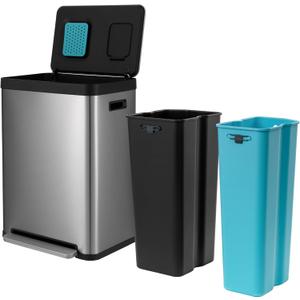 Home Zone Living 19 Gallon Kitchen Trash Can with Dual Compartments for Recycling, CleanAura Odor Control, Stainless Steel, Silver, 70 Liters Total, Gen 1