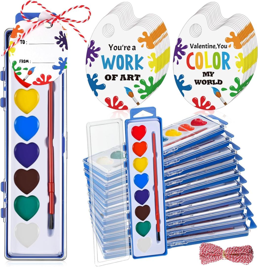 Sabary 24 Pack End of School Year Gift for Student Watercolor Paint Set Bulk with Card and Rope 8 Washable Watercolor Paint with Brush for Last Day of School Classroom Kid Art Party Favor (Heart)