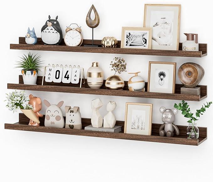 Heimlove 36 Inch Picture Ledge Shelf with Lip,Floating Shelves for Wall Set of 3,Long Wall Shelves in Varying Depths for Living Room,Bedroom,Nursery,Bookshelf - Walnut