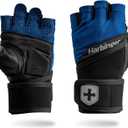 Harbinger Training Grip Wrist Wrap Gloves - Enhanced Grip & Wrist Support, Breathable Lycra Back, Padded Leather Palm, Half-Finger Design, Quick Pull Tabs - Ideal for Weightlifting, Gym - Men's (X-Large, Blue)