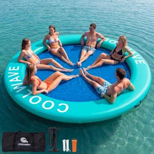 COOLWAVE Inflatable Water Hammock, Round Floating Dock for Adults | Heavy-duty water hammock float with cooling mesh center, Floating hammock for lake pool parties, Pet Friendly, Boat accessory, 12 ft