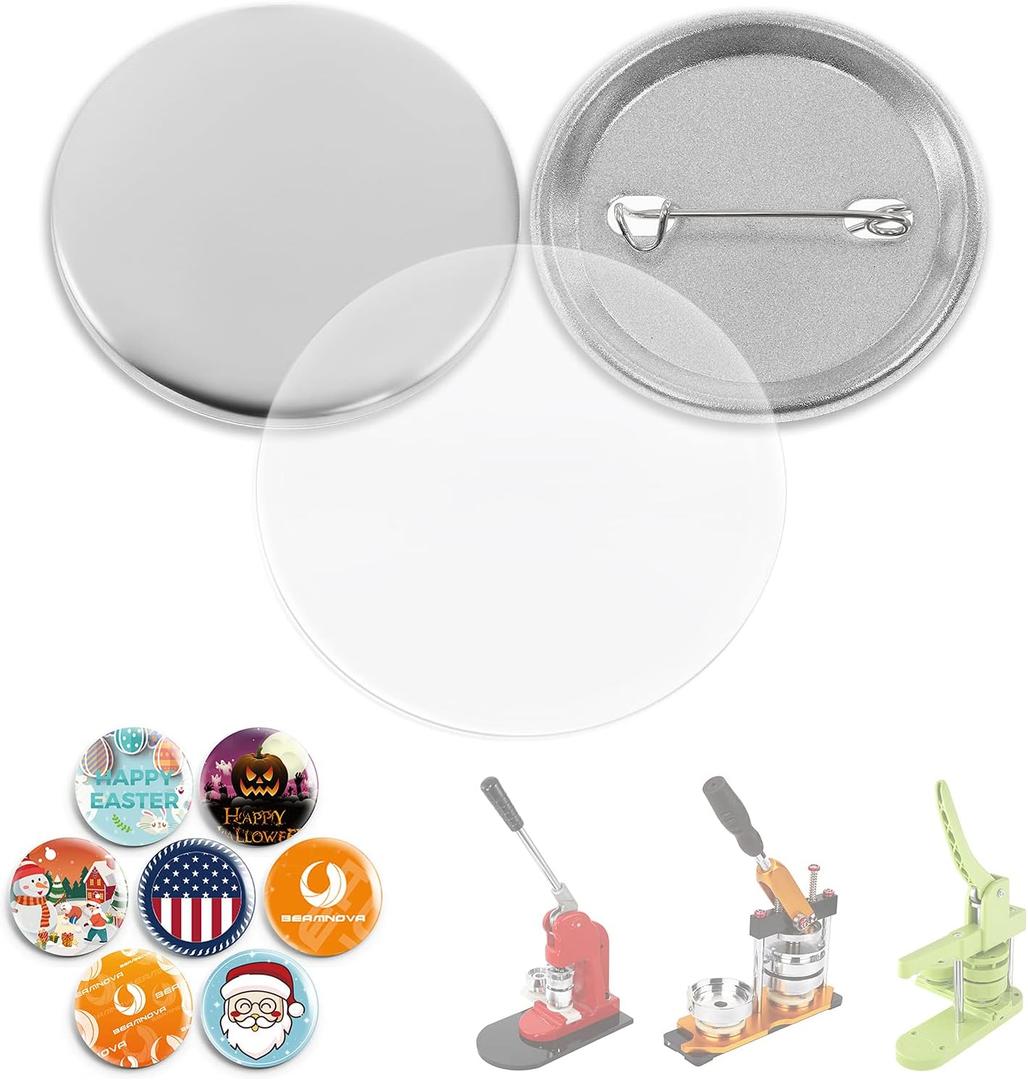 BEAMNOVA 100 Sets 44mm / 1.73 in (Approx. 1-3/4 inch) Metal Button Supplies Blanks, for Round Pin Maker Machine, Matte Metallic Back, Hand Press Badge Making Parts