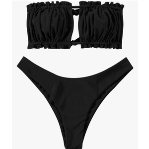 ZAFUL Women 2 Piece Strapless Bikini Swimsuits Ruffle Ribbed Self Tie Bandeau Bikini Set High Cut String Bathing Suits ,Size S