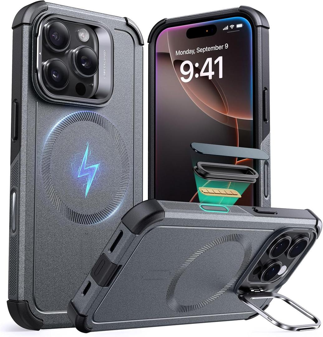 ESR for iPhone 16 Pro Max Case with Stash Stand, Camera Control, 23FT Military-Grade Shock-Absorbing Drop Protection, Compatible with MagSafe Accessories, Magnetic Cyber Series, Grey