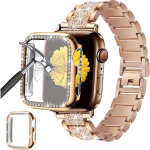 Compatible for Apple Watch Band with Screen Protector Case, Jewelry Replacement Bands 46mm 45mm 44mm 42mm 41mm 40 mm 38mm 2 Pack Protective Cover for iWatch Series 11/10/9/8/7/6/5/4/3/2/1/SE Women