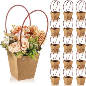Gilprop 15 Packs Bouquet Bag Kraft Paper Flower Gift Bags with Handle Brown Bouquet Bag Box with Waterproof Lining for Birthday Wedding Party Favors (12.5 x 4.9 x 3.1 Inch)