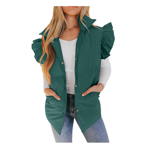 Valphsio Women's Puffer Vests Ruffle Sleeve Winter Button Down Padded Gilet with Pockets, S