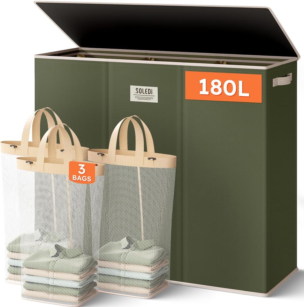 SOLEDI 180L 3-Section Laundry Hamper with Lid, Extra Large Dirty Clothes Basket with Sturdy Handles for Laundry Room & Bedroom - Durable Organizer for Sorting Laundry (Avocado Green)