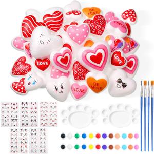 Seenelling 48 Sets Valentine's Day Heart Kit Craft DIY Heart Painting Kit with Sticker Valentine's Day Craft Painting Bulk Ready to Paint Your Own Shape White Foam Balls for Party Activities Gifts