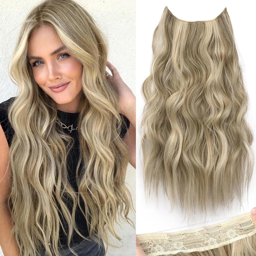 KooKaStyle Invisible Wire Hair Extensions with Transparent Headband Adjustable Size 4 Secure Clips Long Wavy Secret Wire Hairpiece 9H60A#Ash Brown/Platinum Blonde 20 Inch for Women