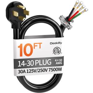 10 ft 4 Prong Dryer Cord, 30Amp 10 Gauge Dryer Power Cord Replacement, Pure Copper 4-Wire Dryer Cord with NEMA 14-30P Plug and O-Ring Terminals, 250V 7500W, ETL Listed, Black STW