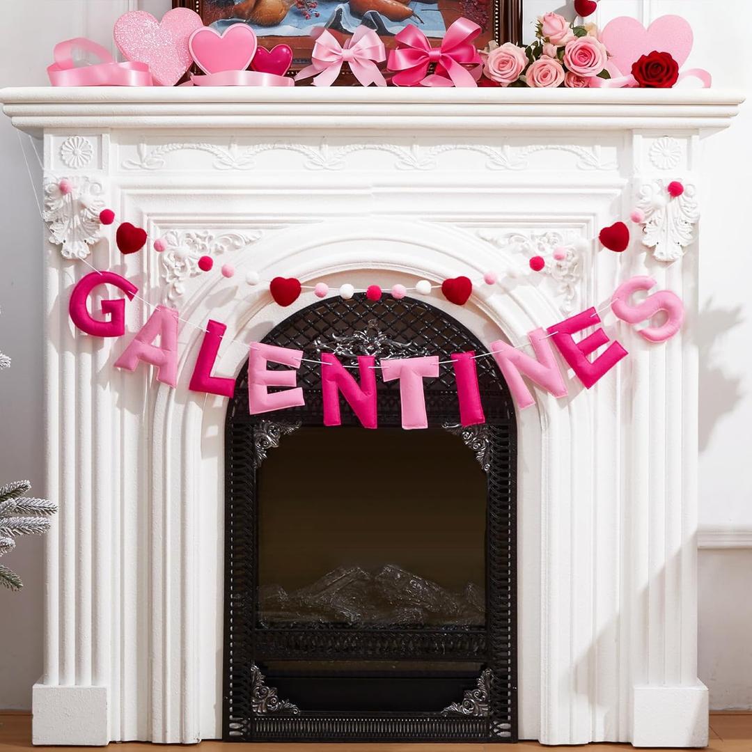 2 Pcs Pre Strung Happy Galentine's Day Banner, Galentine's Day Decorations, Hanging Pink Heart Felt Garlands Pompom Banner, Indoor Valentines Party Supplies for Home Wall Decor
