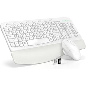 SABLUTE Wireless Keyboard and Mouse Combo, Ergonomic Wave Keys, Cushioned Plam Rest, Comfortable Silent Natural Typing, 2.4G Lag-Free, Full Size Keyboards Cordless Set for Multi-OS, Windows/Mac, White