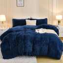 Andency Fluffy Navy Blue Comforter Set King Size, 3 Pieces Winter Faux Fur Warm Soft Fuzzy Plush Bedding Comforter Set (1 Velvet Comforter & 2 Pillowcases), Thick Heavy Comfy Comforters Bedding Set