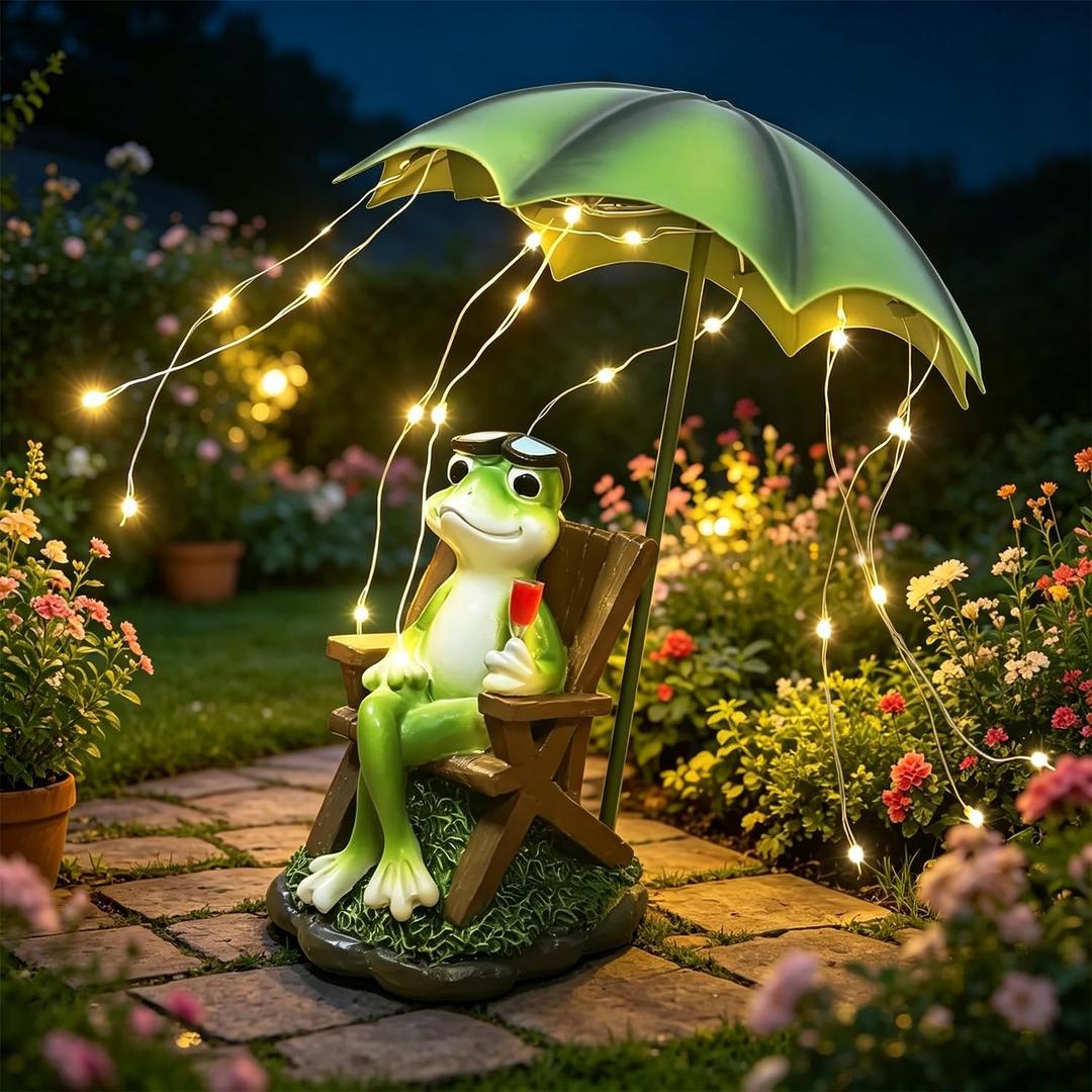 Solar Frog Outdoor Garden Statues Yard Decor - Solar Lantern LED Red Wine Frogs Umbrella Figurine with Lights Waterproof, Animal Statue Decoration Ornaments for Patio/Lawn Balcony/Backyard/Home