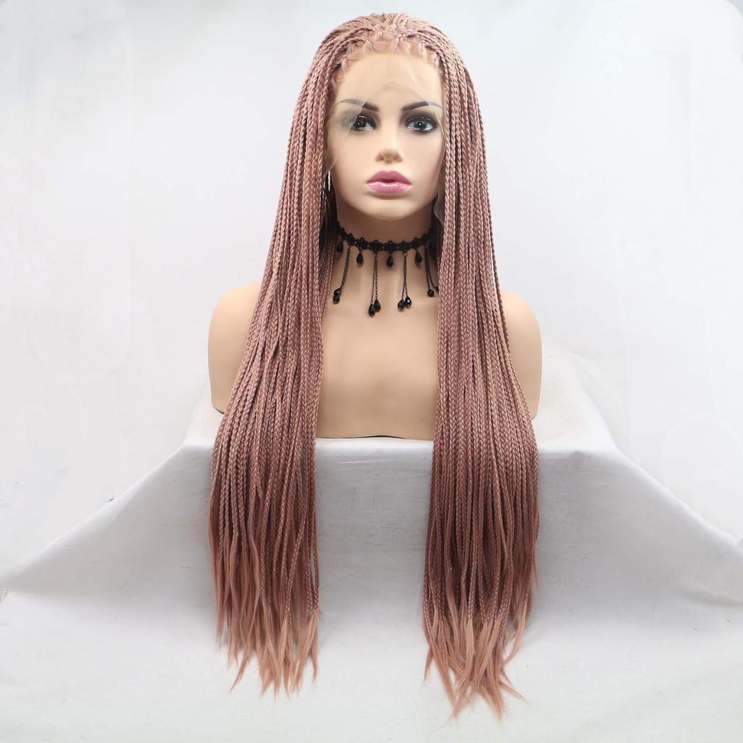 Xiweiya Wigs Long Boxed Braided Ash Pink Synthetic Lace Front Wig Free Part Wigs Soft Glueless Rose Pink Hair Heat Resistant Fiber for Women