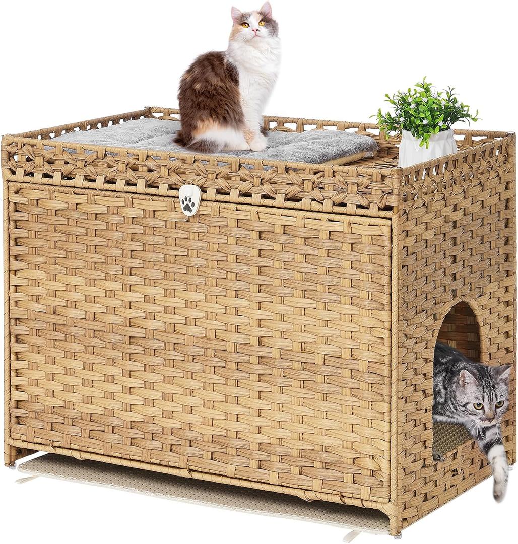 Cat Litter Box Enclosure with Soft Litter Mat; Hidden Cat Washroom Furniture with Door; Handwoven Rattan Kitten House with Large Space; Pet Crate for Living Room, Bedroom, Balcony (Natural)