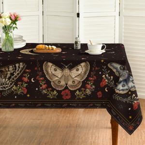Horaldaily Butterflies Stars Moon Tablecloth 60×84 Inch Rectangular, Black Gothic Vintage Style Washable Table Cover for Party Dinner Patio Garden Picnic