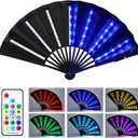 Roowest Rave LED Light up Folding Fan for Line Dancing with Remote Control Large Handheld for Party Gift Stage Performance Props Birthday Dance Wedding Night Bar Club