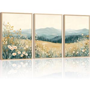 3 Pcs Framed Mountain Wildflower Wall Art Triptych Natural Landscape Canvas Prints Large Farmhouse Daisy Poster Botanical Picture Painting for Living Room Bedroom Decor 16x24IN