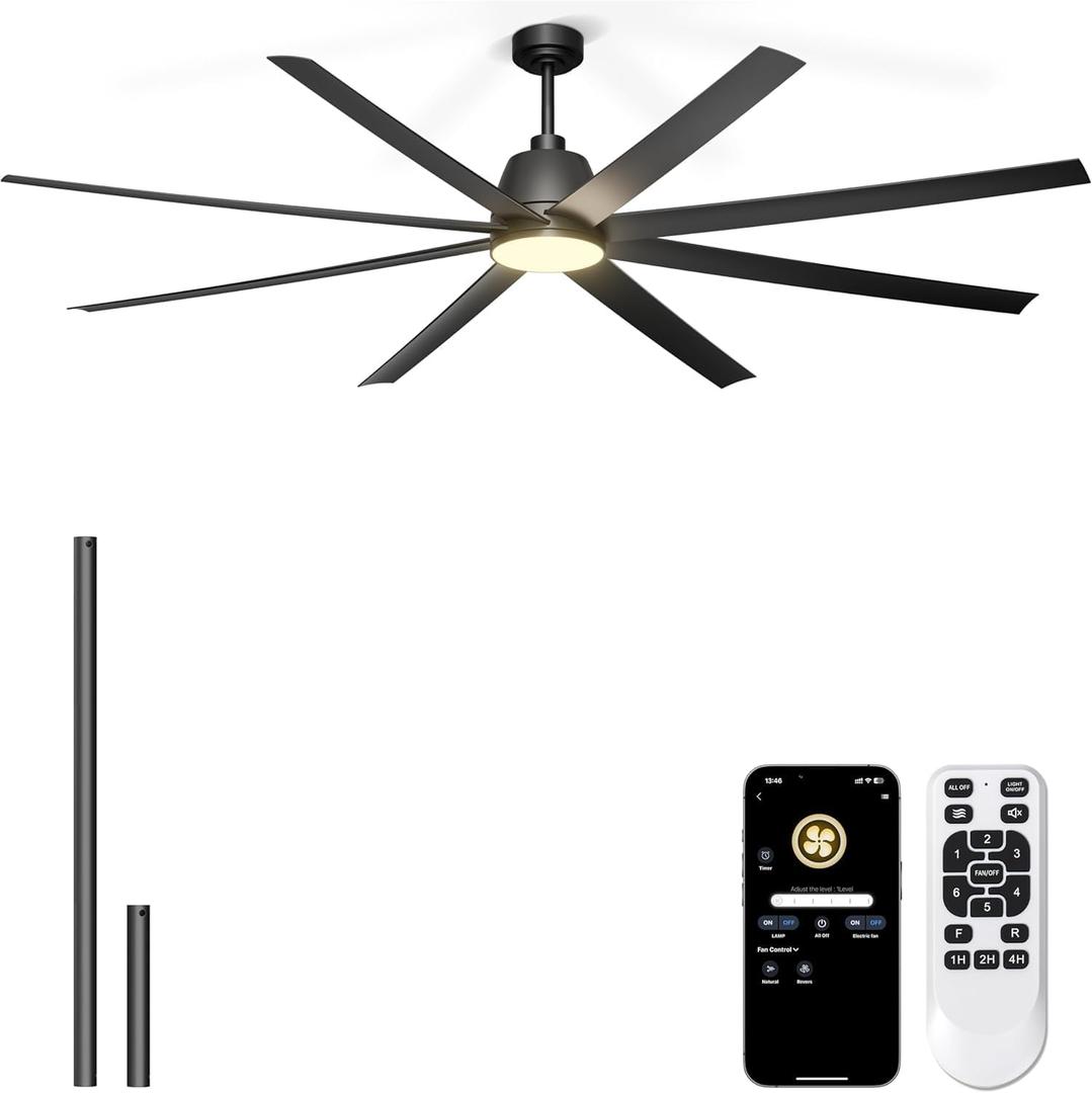 84'' Ceiling Fan with Lights - Remote & APP Control, Large Industrial DC Motor Fan for Covered Outdoor Patios, Warehouse, Shop, Garage, Black