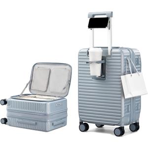 20 Inch Carry on Luggage 22x14x9 Airline Approved Hard Shell Suitcases with Wheels, Top Opening Expandable Carry on Luggage with Cup Holder Small Rolling Suitcase with Lock, Silver