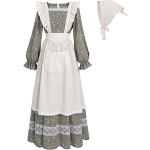 FCCAM Prairie Dress Women Floral Colonial Costume Women with Pioneer Apron 1800s American Historical Dress (Small, Green)
