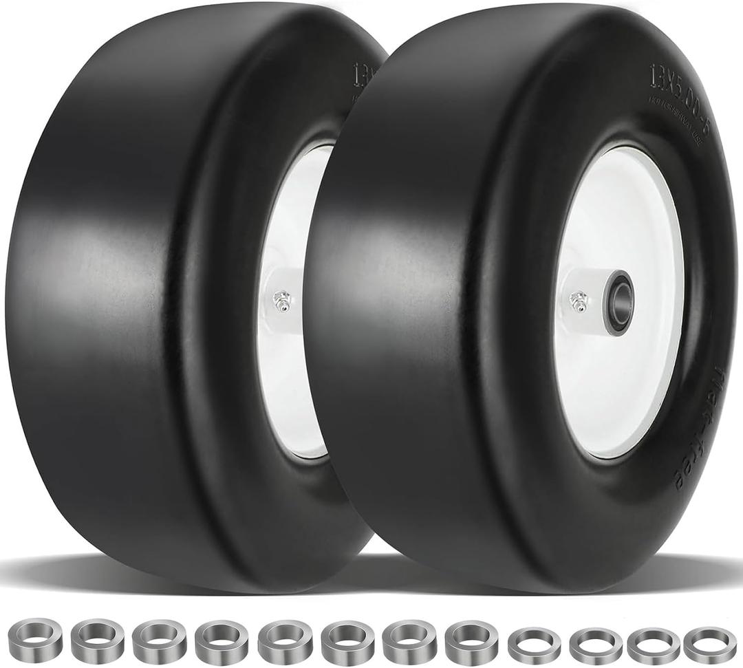 2 Pcs Upgrade 13x5.00-6 Flat Free Lawn Mower Tire and Wheel with 3/4" 1/2" 5/8" Chrome Steel Bearings, Zero Turn Mower Front Solid Tire for Commercial Grade Lawn, Garden Turf, 4.2"-5.2" Centered Hub